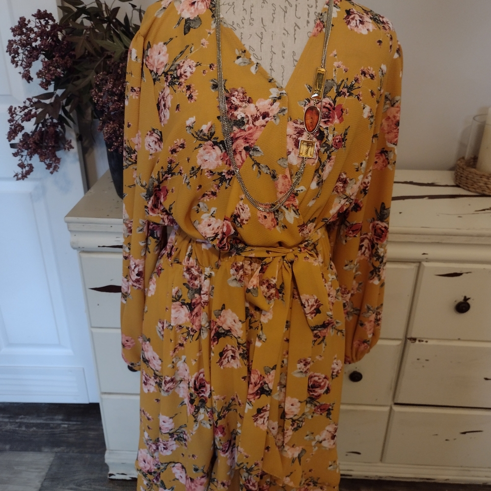 NWOT Floral Yellow Faux Wrap Dress